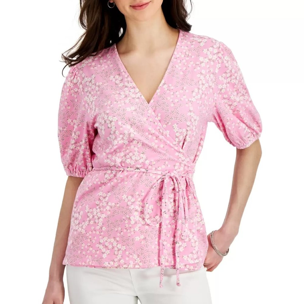 Charter Club Women's Printed Wrap Top, Bubble Bath CMB